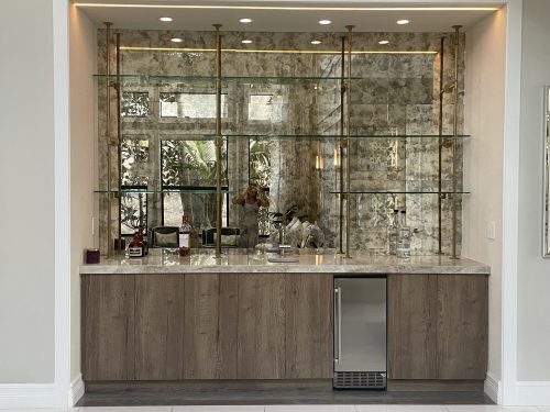 Antique mirror tile wall installation with custom sizing